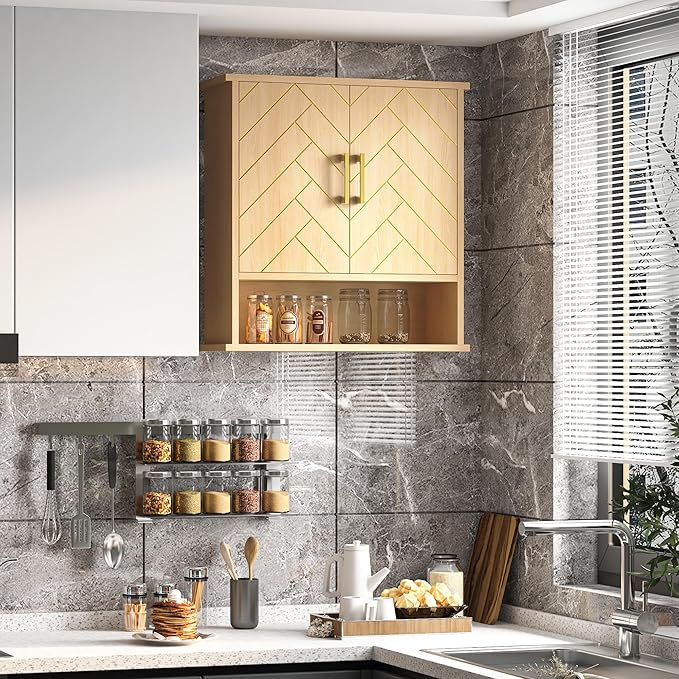 Natural Chevron Pattern Bathroom Wall Mount Cabinet, Gold Accent Hanging Medicine Cabinet with Open Shelf, Over The Toilet Storage Organizer for Home (23 5/8" x 22 7/8" x 7 1/8")