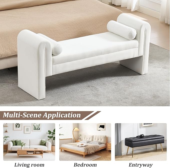 Modern Bench for Bedroom End of Bed, 60.5" Velvet Upholstered Rolled Armed Stool Bench, Ottoman Long Bench with 2 Pillows for Entryway/Bedroom/Hall/Living Room (White-60.5 Inch)