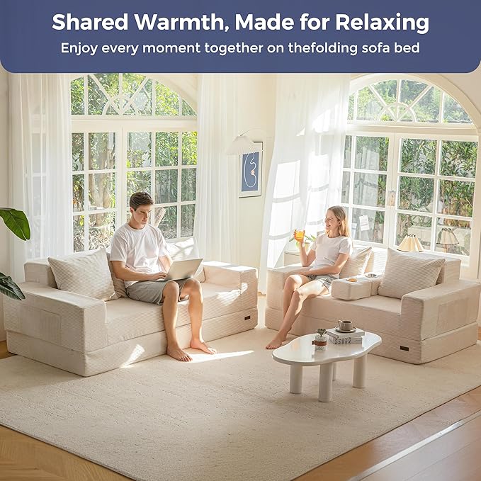 MAXYOYO Convertible Sofa Bed, 80" Oversized Boneless Loveseat Couch 4 in 1 Foldable Floor Sofa Couch in A Box with 2 Cup Holders, Folding Sleeper Chair for Living Room, No Assembly Required, Beige