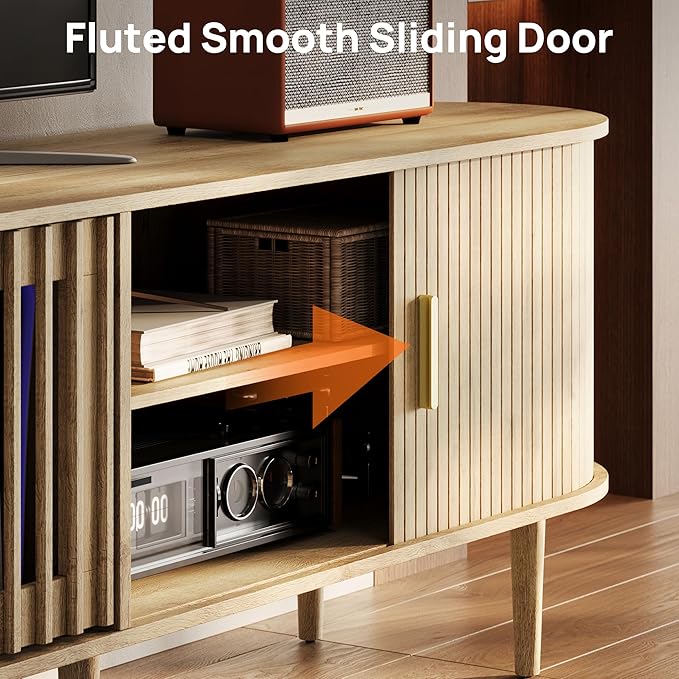 94.5" Fluted Mid Century Modern TV Stand for TVs Up to 80/85/86/90/98/100", Tambour Sliding Doors Entertainment Center with Storage&LED, Curved Media & TV Console Long TV Stands for Living Room, Oak