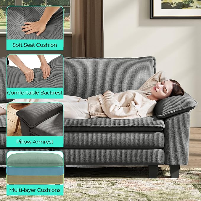 LINSY HOME Modular Sectional Sofa, 5-Seat Corduroy Modern Cloud Couch with Deep Seat, Perfect for Living Room, Office, Bedroom, Grey