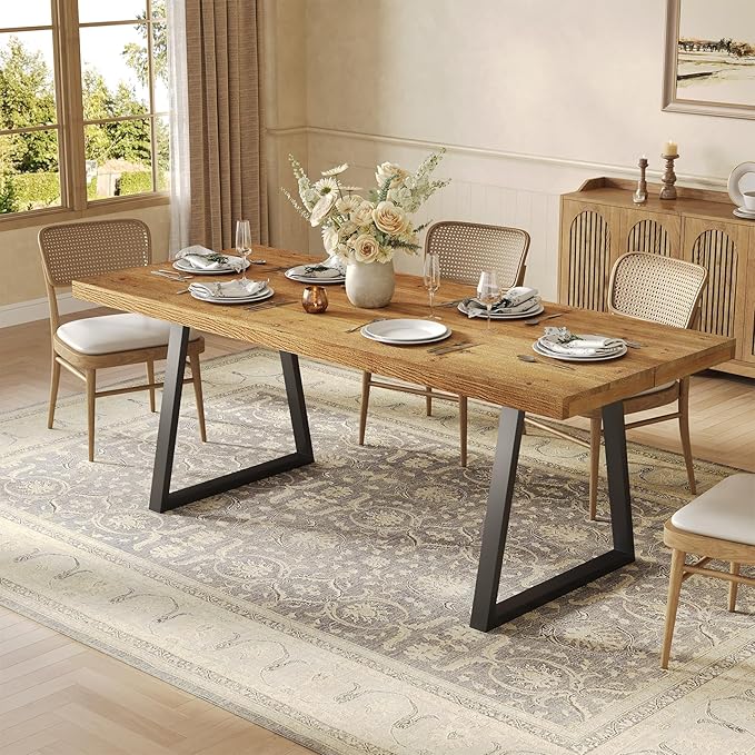 63" Industrial Dining Table for 4-6 People, Solid Wood Rectangular Kitchen Table with Heavy-Duty Metal Legs for Home, Dining Room, Small Space, Rustic Brown
