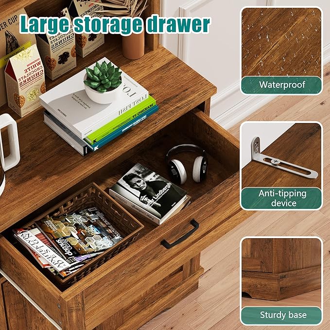 Vongrasig Tall Kitchen Pantry Storage Cabinet, Modern Pantry Cabinet with Hutch and Microwave Stand, Modern Kitchen Coffee Bar Hutch with Shelves for Dining Room, Brown