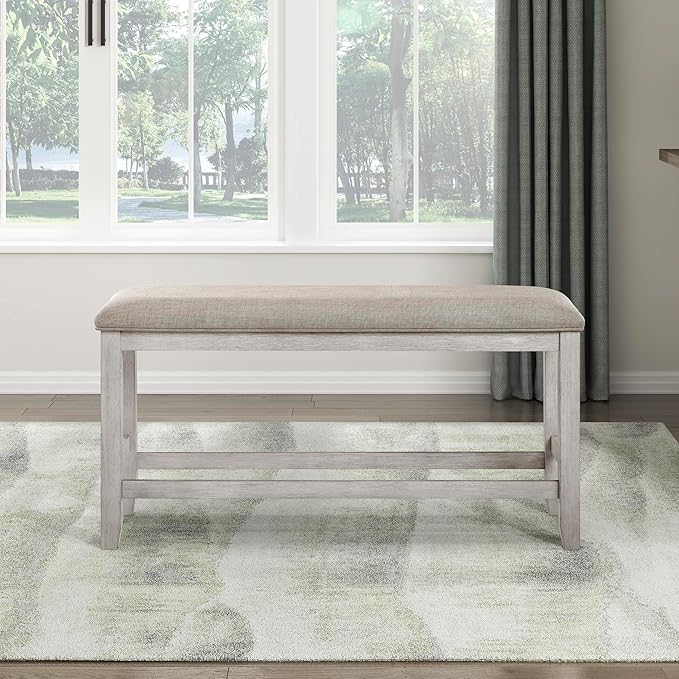 Lexicon Counter Height Dining Bench with Padded Seat and Wooden Frame, Entryway Bench, Light Gray Textured Fabric Upholstered Dining Seat for Kitchen/Living Room, 25.5" SH, Brushed Antique White