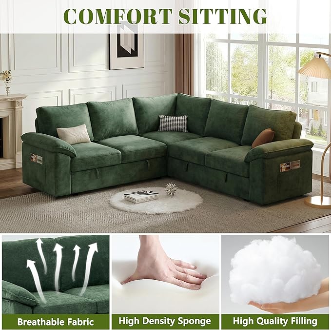 85 Inch Modular Sectional Sofa with Pull Out Bed, L Shaped 5 Seat Sectional Sleeper Sofa with Storage, Sectional Couches for Living Room, Cloud Modular Couch,Removable Sofa Cover,Green