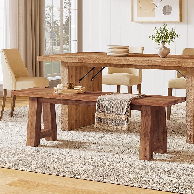 Solid Wood Dining Bench with A-Shaped Legs, 55.12-Inch Farmhouse Entryway Bench Indoor for Hallway, Kitchen, Dining Room, Living Room (Brown)