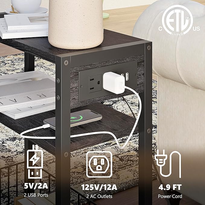 TRIFEBLE Narrow Side Table with Charging Station, Small End Table for Small Spaces, Slim Nightstand with Storage Basket, 3 Tier Skinny Bedside Table for Living Room, Bedroom, Black