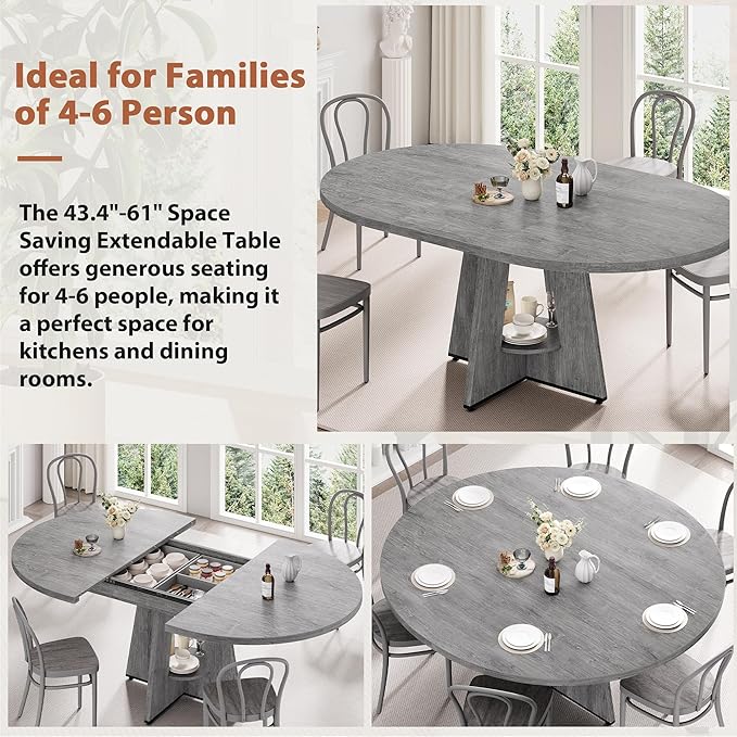 Extendable Dining Table, Round Kitchen Dining Room Dinner Table with for 4 6 8 People, Space Saving Modern Oval Expandale Furniture with Storage and Pedestal for Kitchen Living Room (Grey)