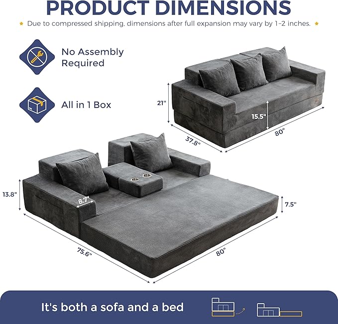 MAXYOYO Convertible Sofa Bed, 80" Oversized Boneless Loveseat Couch 4 in 1 Foldable Floor Sofa Couch in A Box with 2 Cup Holders, Folding Sleeper Chair for Living Room, Charcoal Grey