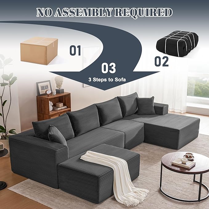 Mangodan 140” Cloud Sectional Couch, Boneless Sofa for Living Room, Modular Sectional Sofa with Deep Seat, Comfy Fluffy U-Shaped Couch with Right-Facing Chaise, No Assembly Required, Grey