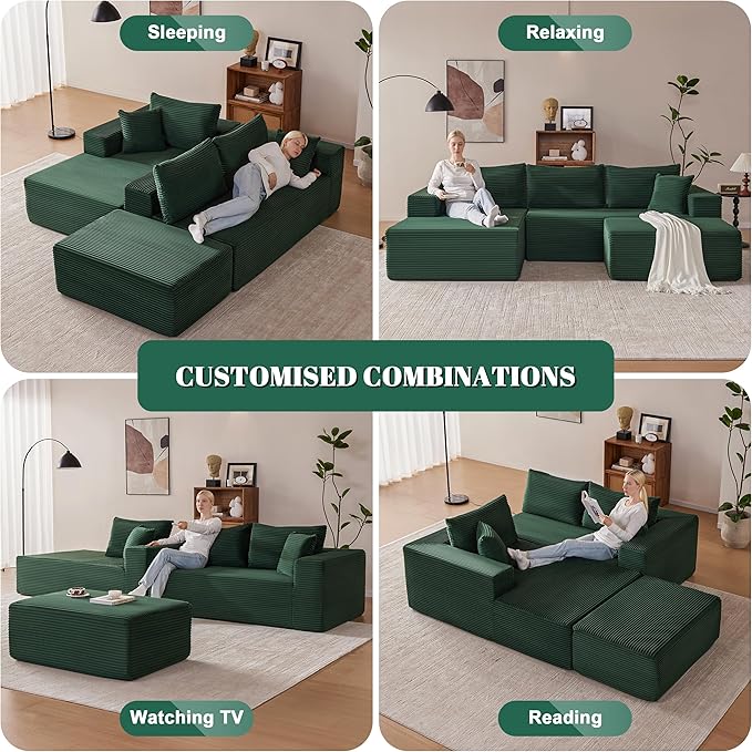 Mangodan 110” Cloud Sectional Couch, Modular Sectional Sofa with Deep Seat, Boneless Sofa for Living Room, Fluffy Comfy U-Shaped Couch with Left Facing Chaise, No Assembly Required, Green