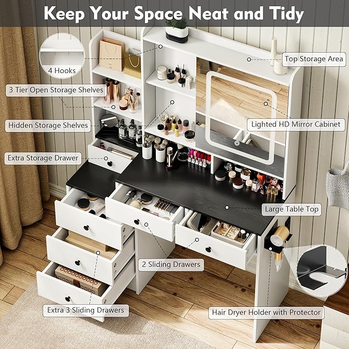 KAMABOKO Vanity Desk with Lighted and Mirror, White Makeup Table with Drawers and Charging Station, 3 Model Adjustable for Bedroom & Dressing Room (042 Black)