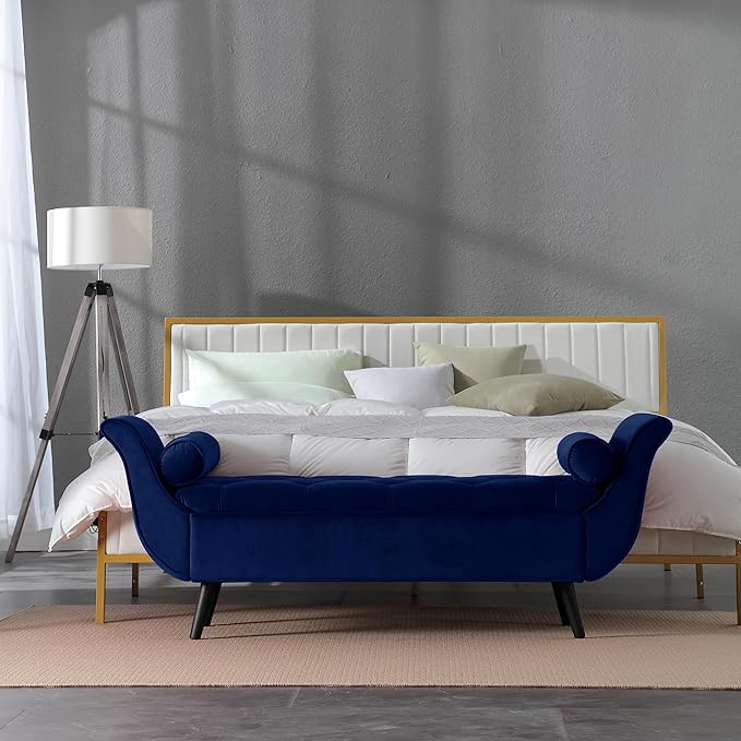 Storage Bench for Bedroom End of Bed, Velvet Upholstered Rolled Armed Button Tufted Sofa Stool Bench, Storage Ottoman Couch Long Bench with Solid Wood Legs (Navy)