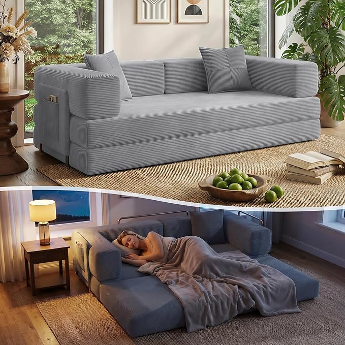 78.8" Convertible Sofa Bed with Armrest Pillow, 4-in-1 Sleeper Couch Bed for Livingroom, Modular Corduroy Boneless couches, No Assembly (Grey)