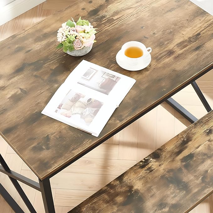 VECELO 43.3" Kitchen Dining Table Set for 4, Heavy-Duty Steel Frame & Wood-Grain Tabletop, Space-Saving Dinette Sets with 2 Benches for Breakfast Nook and Small Space, Brown