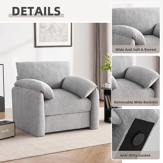 Howjoe Chenille Oversized Armchair, 38.6'" Wide Accent Chairs for Living Room & Bedroom Modern Lounge Chair, Upholstered Mid-Century Reading Chair (LightGrey, 1 Pack)