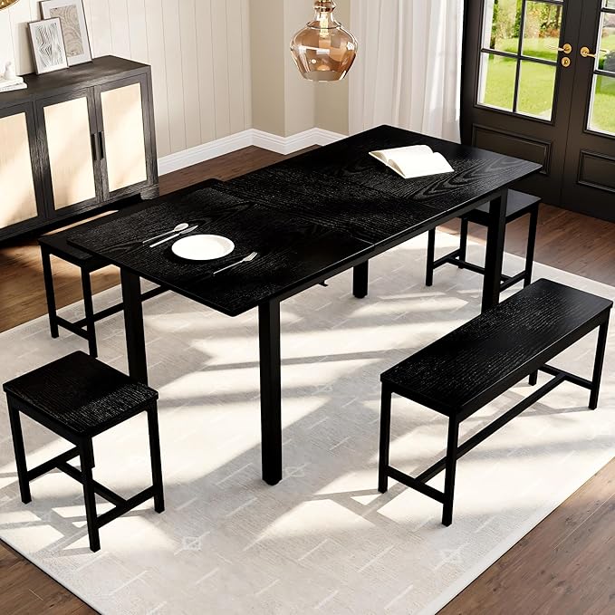 Garvee 5 PCs Extendable Dining Table Set for 4-8 People, 63 in Kitchen Table with 2 Benches & 2 Stools, Modern Dining Room Furniture, Easy Assembly Metal Frame