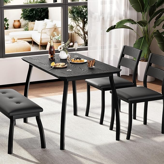 IDEALHOUSE 43'' Dining Table Set for 4, Wooden Kitchen Table with Upholstered Bench & 2 Cushion Chairs, Industrial Dinette Set for Studio, Kitchen, Dining Room, Apartment, Black