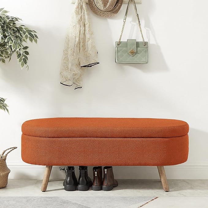 42.25" Ottoman with Storage, Storage Ottoman Bench with Safety Hinge, Foam End of Bed Bench, Upholstered Entryway Bench for Bedroom, Living Room & Window, Holds up to 330 lb, Orange