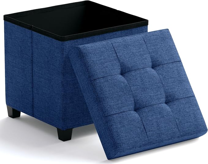 Ornavo Home Storage Ottoman with Legs, Square Cube Foot Rest Stool Seat, for Living Room, Bedroom, Home Office, Dorm - 15 x 15 x 15, Navy Blue