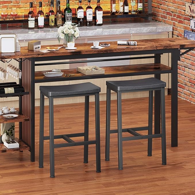 Homeiju Bar Stools, Counter Height Bar Stools Set of 2, 23.6 Inch Saddle Stools with Footrests, Industrial Kitchen Counter Seat for Dining Room, Kitchen, Counter, Black