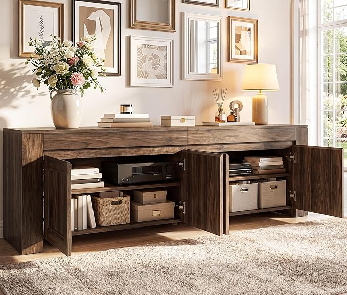 YITAHOME 70 inch TV Stand for up to 80 inch TVs, Farmhouse Entertainment Center with Storage Doors and Shelves, Media Console Table with Cable Holes for Living Room, Dark Walnut