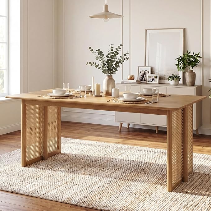 Merax Rustic Rubber Wood 70.87''L Rectangular Dining Table with Rattan Accents Legs, Large Rectangular Kitchen Table Fits up to 6 People, Easy Assemble, Natural