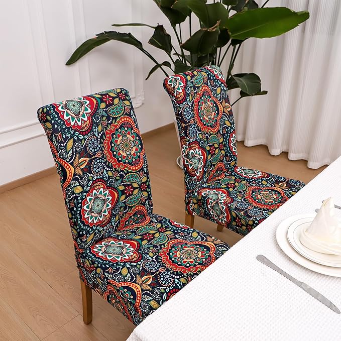 FORCHEER Boho Dining Room Chair Covers Set of 4 with 1 PC Bench Cover Stretchy Slipcovers for 4 Dining Parson Chairs and Bench Removable Washable（Printed Boho-MT）