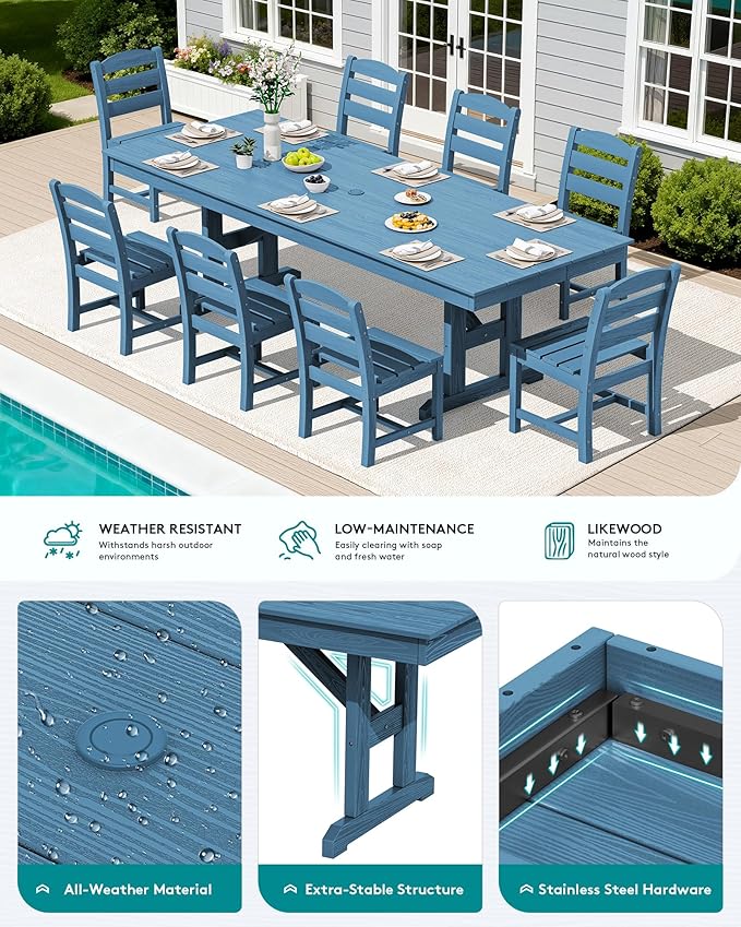 SERWALL 9 Piece Outdoor Dining Set, 84" HDPE Outdoor Table and Armless Chairs Set for 8，All Weather Patio Furniture Set with Umbrella Hole for Backyard, Garden, Blue