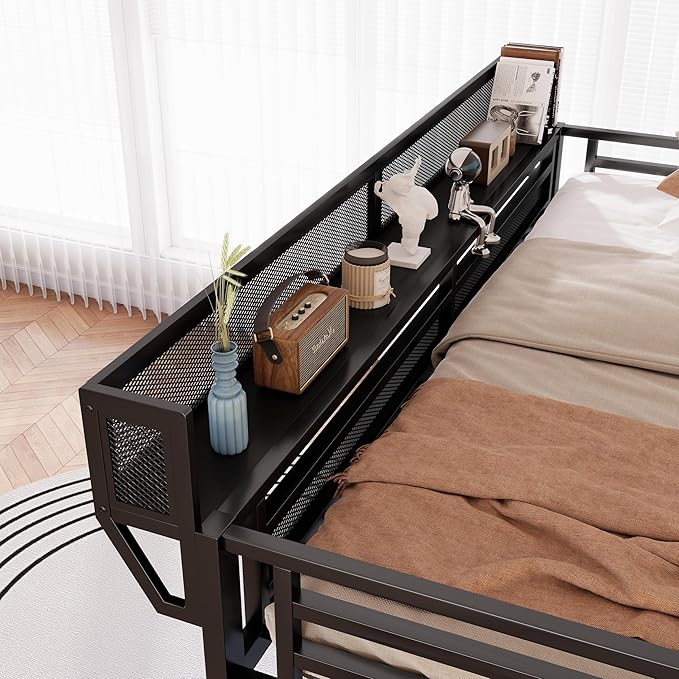 KEIKI Queen Size Metal Loft Bed Frame with Grid & Staircase & Built-in Storage Shelves & Wardrobe, Loft Bed with Solid Slats & Guardrail, No Box Spring Required, Easy Assembly, for Bedroom, Black
