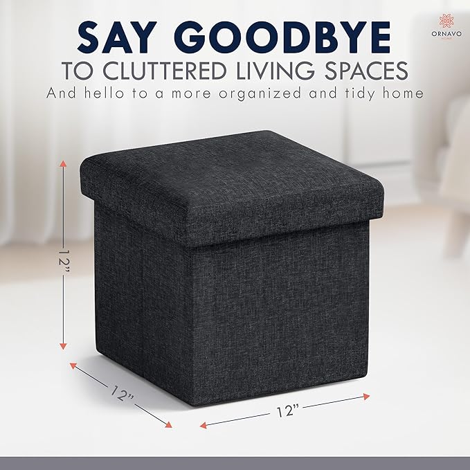 Ornavo Home Small Storage Ottoman, Set of 2 Foldable Collapsible Cube Square Linen Ottoman Foot Rest Stool Seat, for Living Room, Bedroom, Home Office, Dorm - 12 x 12 x 12, Black