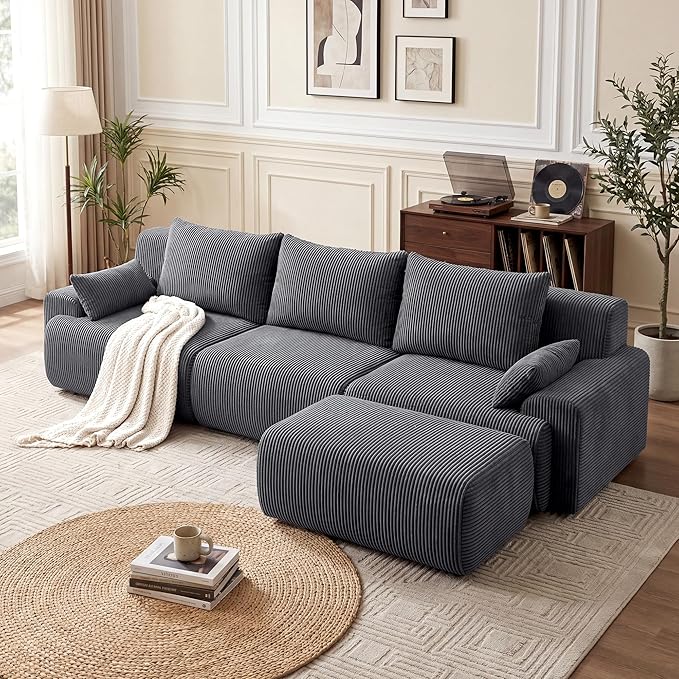 GRUSIGN 118'' Sectional Boneless Oversize Modular Couches, Curved Cloud Sectional Couches for Living Room,Rounded Corner Design L Shape Deep Seat Family Sofa with Ottoman & 3 Throw Pillows, Grey