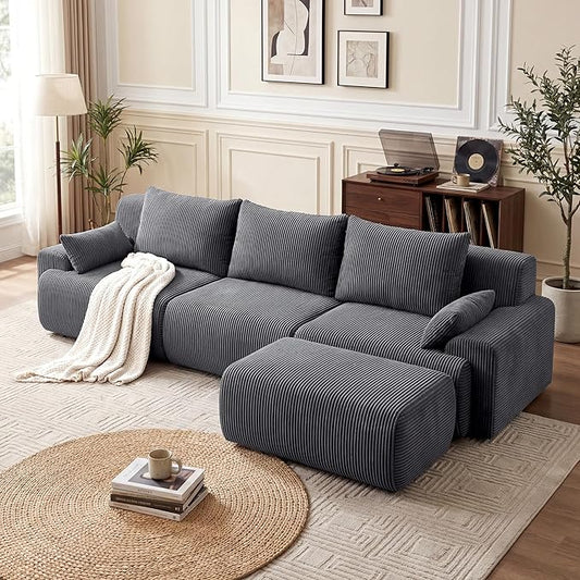 GRUSIGN 118'' Sectional Boneless Oversize Modular Couches, Curved Cloud Sectional Couches for Living Room,Rounded Corner Design L Shape Deep Seat Family Sofa with Ottoman & 3 Throw Pillows, Grey