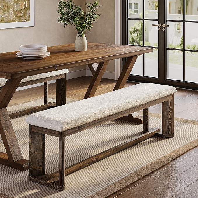 LITTLE TREE 63" Upholstered Bench, Solid Wood Entryway Shoe Bench with Cushion, Long Modern Farmhouse End of Bed Bench with Antique Brown Legs & Faux Lamb Fur Seat for Bedroom 2 PCS