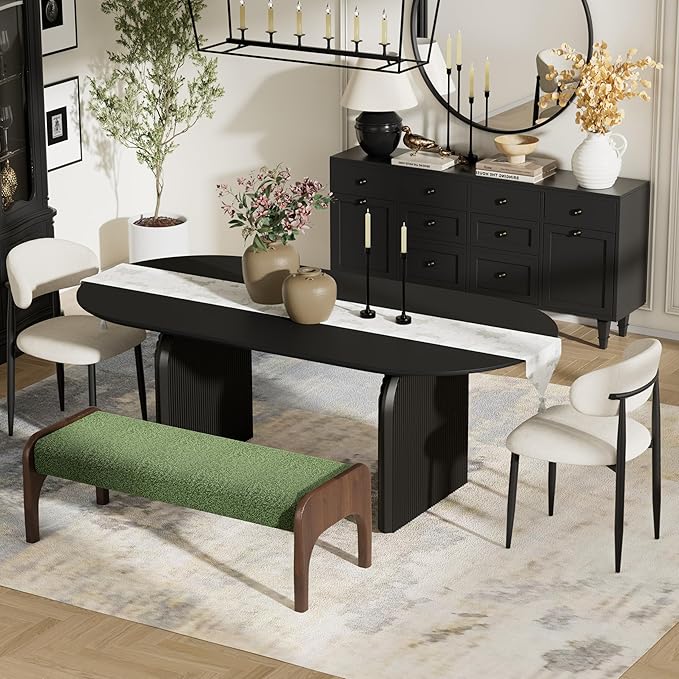 4-Piece Mid-Century Modern Dining Table Set, 63" Black Rectangular Table with 2 Dining Chairs & Bench, Dining & Kitchen Room Set for 4, Space-Saving Rustic Dining Set, Beige&Green