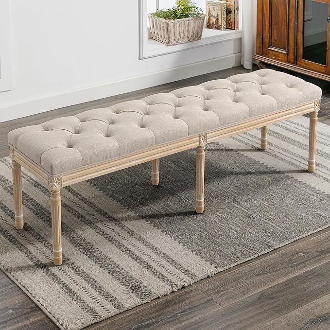 LUE BONA 60" Fabric End of Bed Bench, Upholstered Tufted French Bedroom Bench with Carved Legs for Bedroom End of King Size Bed, Living Room, Linen