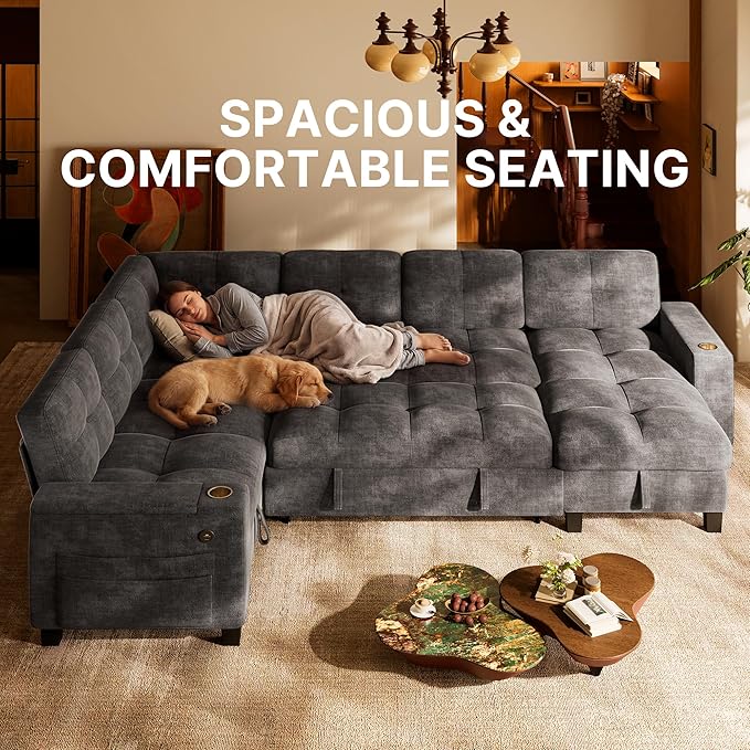 Marsail 110" Sectional Sleeper Sofa with Pull Out Bed, 7 Seat Modular Sectional Couch with Storage, USB & Cup Holders, Modern Chenille Cloud Sofa for Living Room, Light Gray