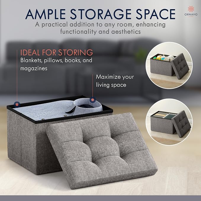 Ornavo Home Small Storage Ottoman, Set of 2, Foldable Collapsible Rectangle Linen Ottoman Foot Rest Stool Seat, for Living Room, Bedroom, Home Office, Dorm - 12 x 16 x 12, Dark Gray