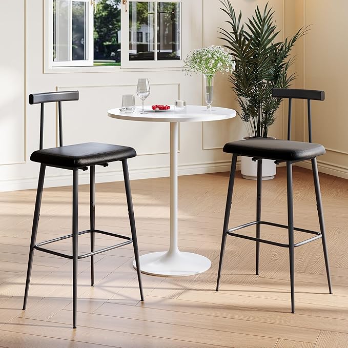 Bar Stools Set of 2, Tall Bar Stools with Backrest and Footrest, Counter Height Bar Chairs, Industrial Barstools with PU Leather Cushion, for Kitchen, Dining Room, Bar, Cafe (Black) KBS515B