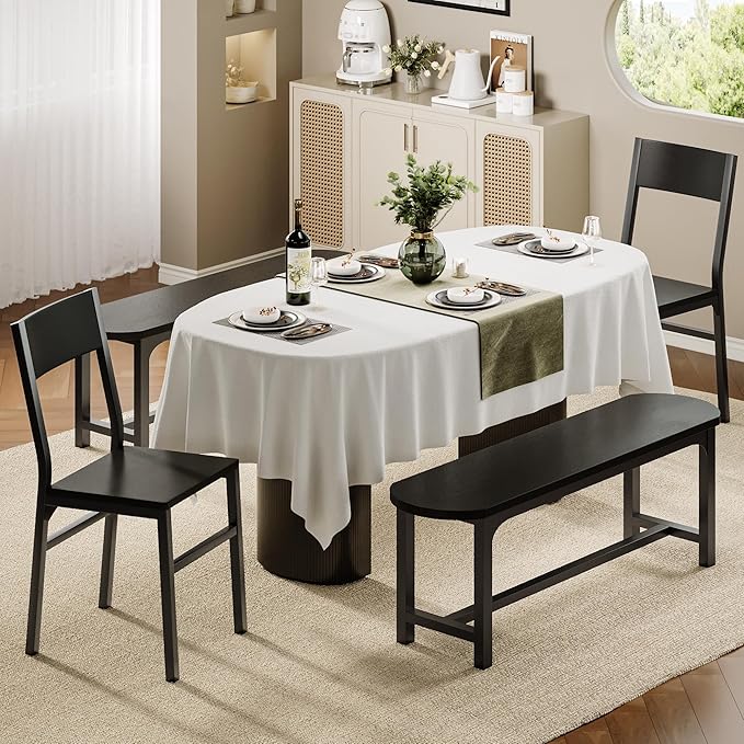 Feonase Dining Chairs and Benches Set of 4, Modern Dining Room Chairs with Ergonomic Backrest, Wood Structure & Metal Legs, for Kitchen, Dining Room, Space-Saving, Easy to Assemble & Clean, Black