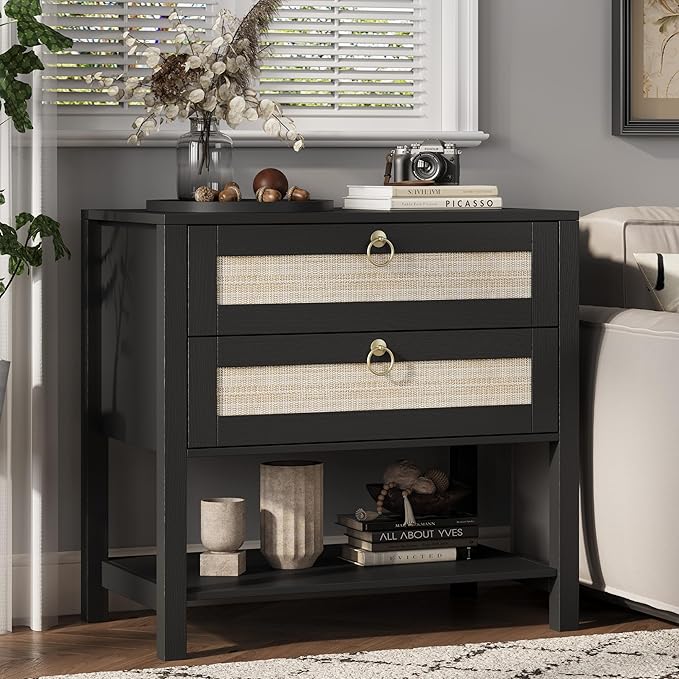 Xixini Nightstand Set of 2, Rattan Boho Bedside Table with 2 Drawers, Open Shelf & Brass Knobs, Small Mid Century Modern Night Stand, Wooden End Side Table for Bedroom, Living Room, Closet, Black