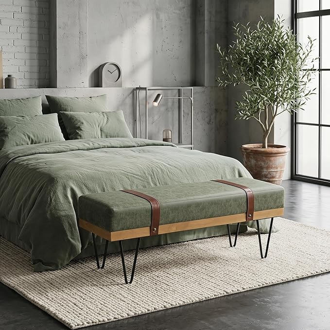 DUOMAY Industrial Modern PU Rectangle Ottoman Bench with PU Strap and Metal Legs, Mid Century Dining Table Bench Footstool Entryway Shoe Bench for Bedroom Dining Room Living Room, Green