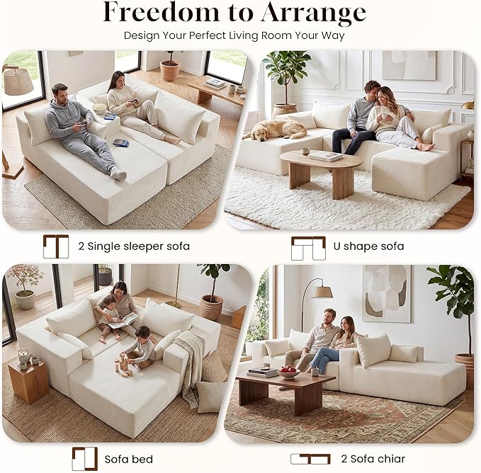 106" Cloud Sectional Boneless Couches for Living Room, Modular U Shaped Couch with Deep Seat, Removable Ottoman, Memory Foam Compressed Spineless 4 Seater Sofa for Bedroom Apartment, Beige