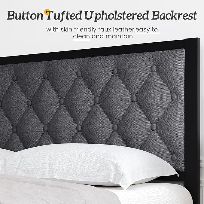 HISOFT Queen Bed Frame with Upholstered Button Tufted Headboard, Bed Frame Platform Metal Slats Support, Under Bed Storage, No Box Spring Needed, Noise-Free, Easy Assembly, Grey