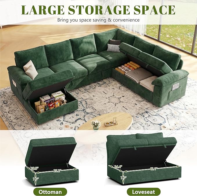 108 Inch Modular Sectional Sofa with Pull Out Bed,U Shaped 7 Seat Sectional Sleeper Sofa with Storage,Sectional Couches for Living Room,Cloud Modular Couch,Removable Sofa Cover,Green