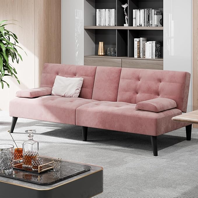Shintenchi Futon Sofa Bed, Velvet Foldable Couch, Reclining Sleeper with Removable Armrests, Upholstered Loveseat Sofa Couch with Folding Cup Holders for Office, Home, Pink