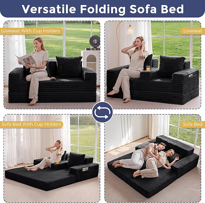 MAXYOYO Loveseat Sofa Bed, Striped Faux Fur Foldable Floor Sofa Couch in A Box, 4 in 1 Convertible Boneless Couch with 2 Cup Holders, Folding Recliner Sleeper Chair, No Assembly Required, Jet-Black