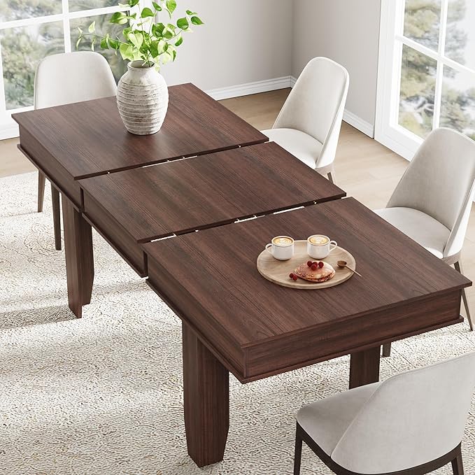 GarveeHome 63 in-86.6 in Extendable Dining Room Table for 6-10, Farmhouse Kitchen Tables w/Wooden Sturdy Frame, Large Rectangular Dinner Table for Dining Room, Kitchen