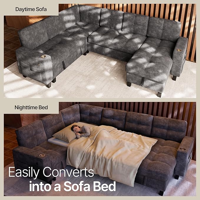 Marsail 110" Sectional Sleeper Sofa with Pull Out Bed, 7 Seat Modular Sectional Couch with Storage, USB & Cup Holders, Modern Chenille Cloud Sofa for Living Room, Light Gray