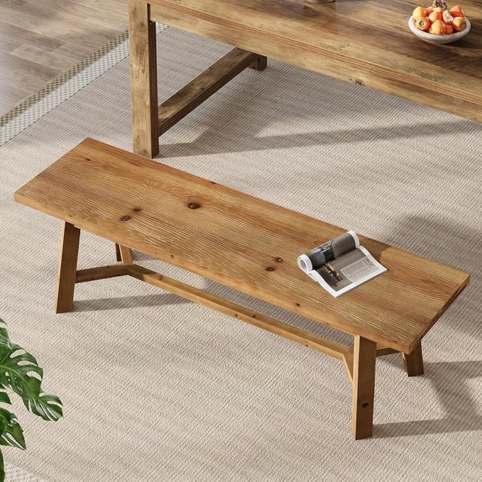 55" Solid Wood Bench, Farmhouse Long Bench Seat for Entryway, Dining Room, Living Room, Solid Wood, Rustic Brown